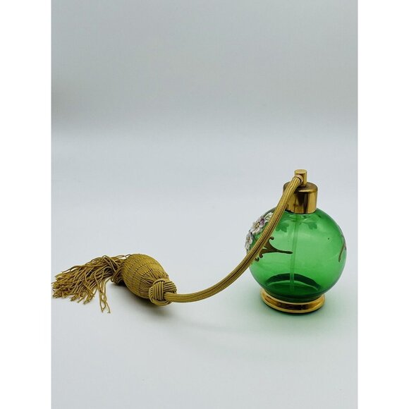 VTG PERFUME ATOMIZER EMERALD GREEN GLASS GOLD ACCENT FLOWERS CZECHOSLOVAKIA - Picture 2 of 7